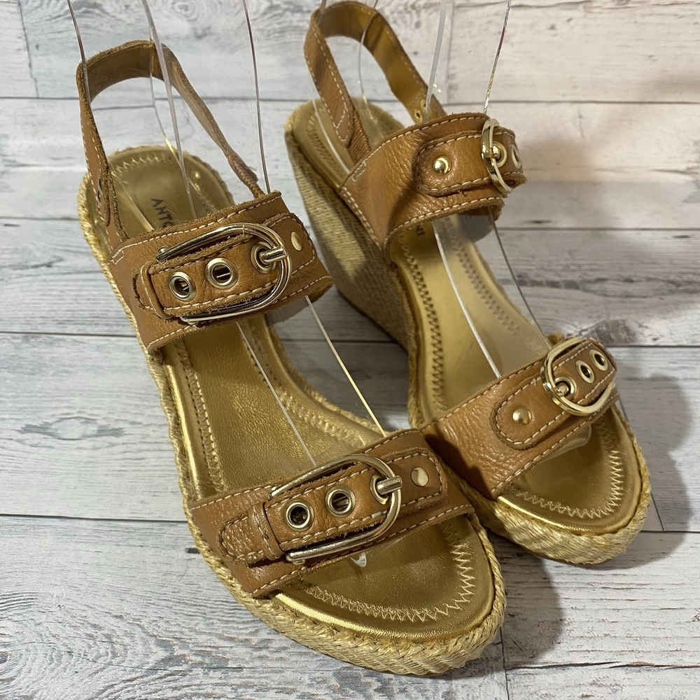 Antonio Melani Wedge Sandals Womens 7.5 M Tan Ashlee Leather Espardrille Buckle